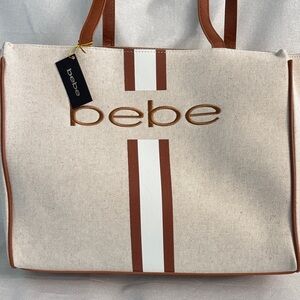 bebe Cream & Brown Striped Canvas Tote